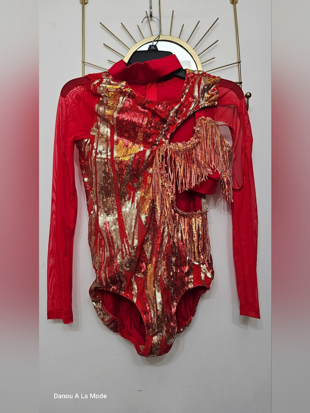 Tenth House Dance Costume Red Sequin Fringe One-Piece Leotard